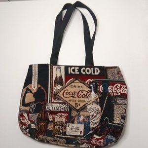 Handmade Graphic Coca Cola Needlepoint Tote w/ Advertising All Over